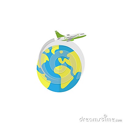 Airplane flying around earth flat icon Vector Illustration