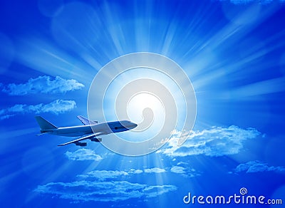 Airplane Flying Blue Sky Stock Photo