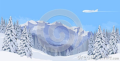 Airplane flying in a blue sky snow mountain winter landscape. Fir tree forest background travel banner template vector Vector Illustration