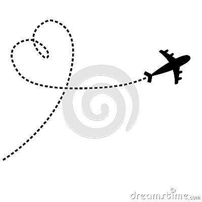 Airplane flying. Dash line heart loop in the sky. Air plane icon. Black silhouette shape. Travel trace. Happy Valentines Day Love Vector Illustration