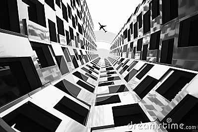 Airplane flying over building black and white Stock Photo