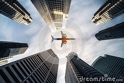 Airplane flying over city business buildings, high-rise skyscrapers Stock Photo