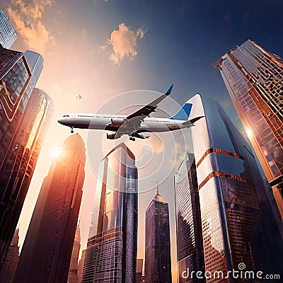 Airplane flying over city filled with tall buildings, urban air travel with plane Stock Photo