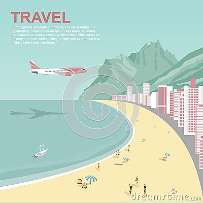 Airplane flying over Copacabana beach in Rio de Janeiro Vector Illustration