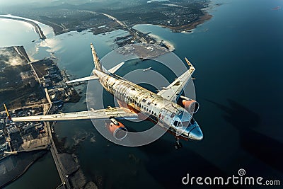 An airplane flying over a large body of water and cityscape aerial view Stock Photo