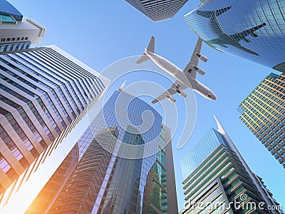 Airplane flying over skyscrapers n city downtown district. Business corporate travel background concept Cartoon Illustration