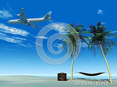 Airplane flying over tropical beach. Stock Photo