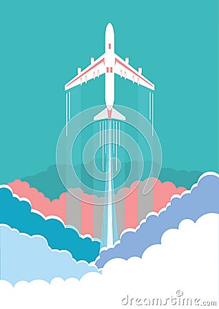 Airplane flying in sky background poster Vector Illustration