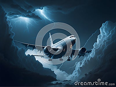 Airplane flying through storm clouds with lightning. Private jet catastrophe. Ai Generated Stock Photo