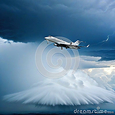 Airplane flying through storm clouds with Private jet Cartoon Illustration