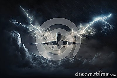 Airplane flying during storm, lightning strikes to passenger plane, generative AI Stock Photo