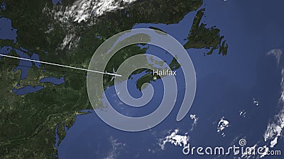 Airplane flying to Halifax, Canada on the map. 3D rendering Stock Photo