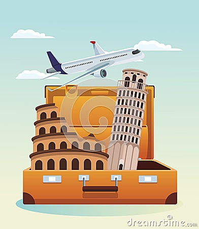 Airplane flying and travel suitcase with pisa tower and roma coliseum over sky background Vector Illustration