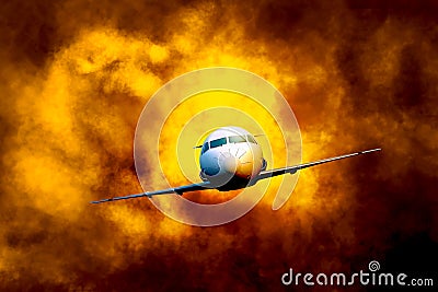 Airplane flying through turbulence cloud Stock Photo