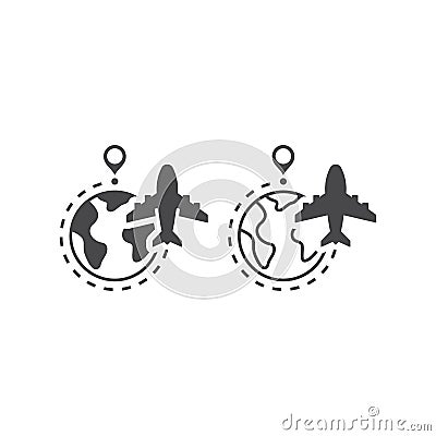 Airplane, globe and dashed line flight route Vector Illustration