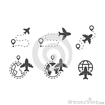 Airplane, globe and location pin vector icon set Vector Illustration