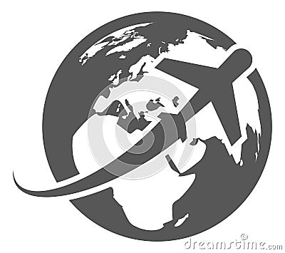 Airplane on globe symbol. Worldwide travel flight icon Vector Illustration