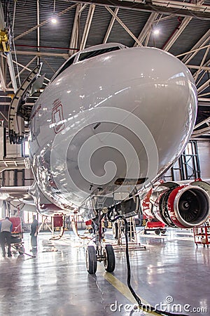 Airplane hangar. Airline Russia. Collect aircraft. Official spotting at Pulkovo Airport, St. Petersburg Russia November 28, 2018 Editorial Stock Photo