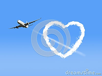 Airplane with Heart Shaped Cloud. Stock Photo