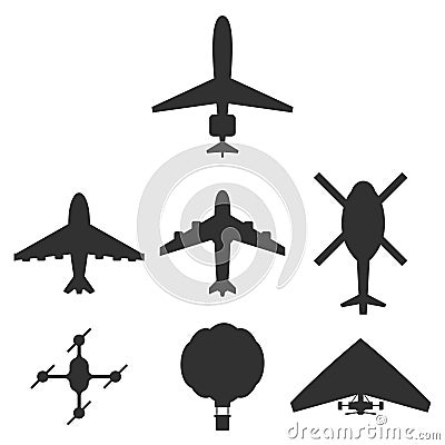 Airplane, helicopter, drone, air balloon, hang-glider vector icons set Vector Illustration