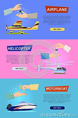 Airplane. Helicopter. Motorboat. Hands Passing Key Vector Illustration