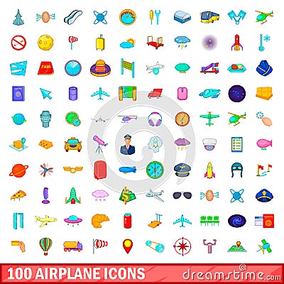 100 airplane icons set, cartoon style Vector Illustration