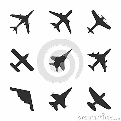 Airplane icons set: passenger plane, fighter plane and screw. Vector Illustration Vector Illustration