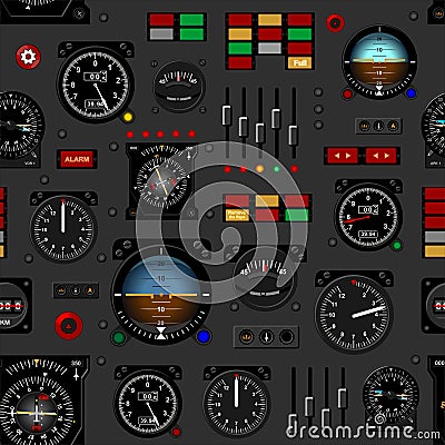 Airplane instrument panel. Aircraft dashboard. Creative seamless pattern, Realistic wallpaper. Vector Illustration