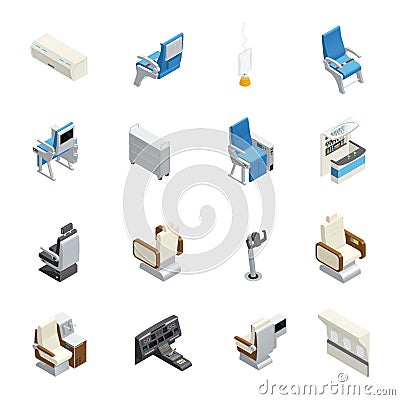 Airplane Interior Isometric Icon Set Vector Illustration