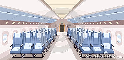 Airplane interior with seats and aisle in perspective view. Inside modern empty air plane. Aircraft with reclining Vector Illustration