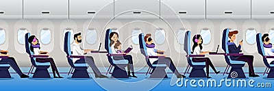 Airplane interior with traveling passengers, seamless horizontal background. People travel by plane. Vector illustration Vector Illustration