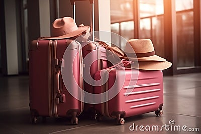 Airplane journey traveler red baggage airport hat holiday suitcase recreation luggage trip lifestyle vacation Stock Photo