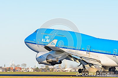 Airplane from KLM Royal Dutch Airlines PH-BFN Boeing 747-400 is taking off at Schiphol airport. Editorial Stock Photo