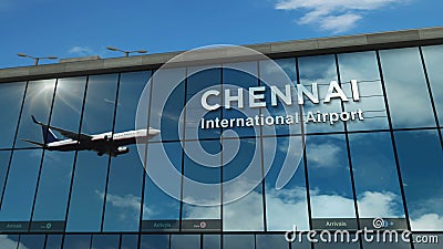 Airplane landing at Chennai India airport mirrored in terminal Cartoon Illustration