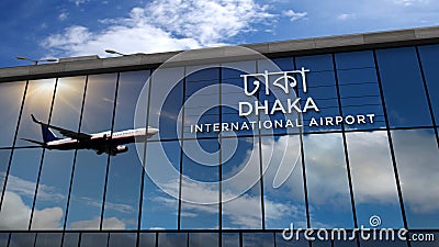 Airplane landing at Dhaka Bangladesh airport mirrored in terminal Cartoon Illustration