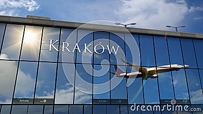 Airplane landing at Krakow, Cracow Poland airport mirrored in terminal Cartoon Illustration