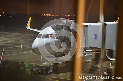 Airplane landing in night airport Stock Photo