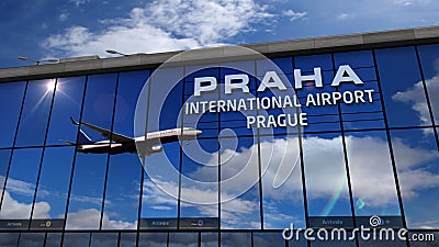 Airplane landing at Praha, Prague mirrored in terminal Cartoon Illustration