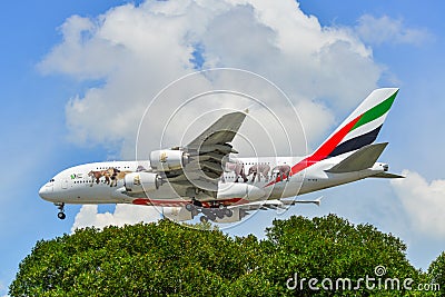 Airplane landing at Singapore Airport Editorial Stock Photo