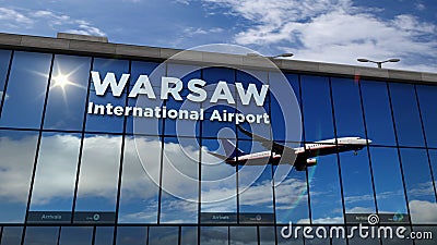 Airplane landing at Warsaw Poland mirrored in terminal Cartoon Illustration