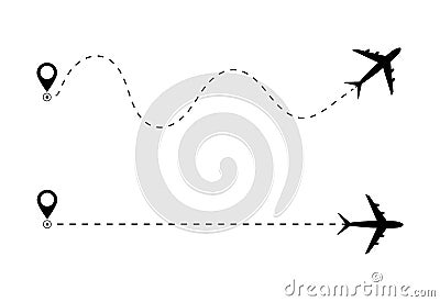 Airplane line path icon of air plane flight route. Airplane travel concept, symbol on isolated background. Flat black airplane Vector Illustration