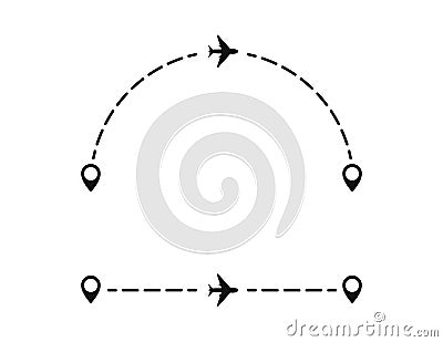 Airplane line path route. Aircraft route dotted lines. Tourism and travel. Tourist route by plane. Vector Illustration