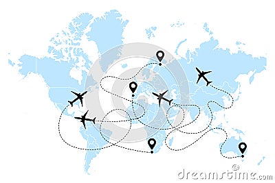 Aircraft clip art icon with route path track in blue black white. Airplane and world map vector. Stock Photo