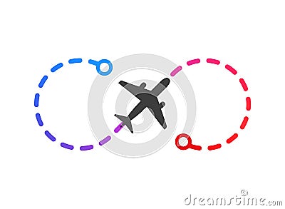 Airplane logo on color flight route from point A to point B vector illustration. Isolated simple plane on white background Cartoon Illustration