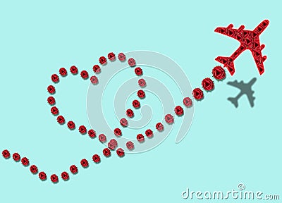 an airplane made of rose flowers flies and drops flowers that form a heart shape, a creative holiday Stock Photo