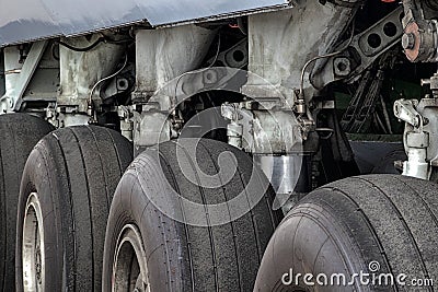 Airplane main landing gear tires Stock Photo