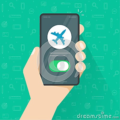 Airplane mode switched on phone and person man hand vector, air plane cellphone smartphone notice, cellular telephone flight info Vector Illustration