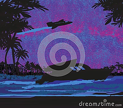 Airplane and motorboat in the sunset Vector Illustration