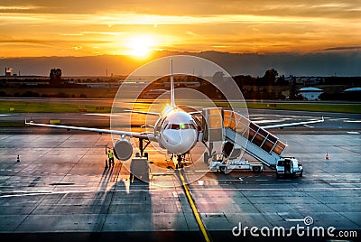 Airplane near the terminal in an airport Stock Photo