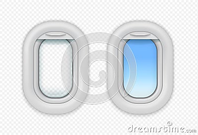 Airplane open windows. Realistic aircraft porthole. Vector isolated realistic aircraft illuminator Vector Illustration